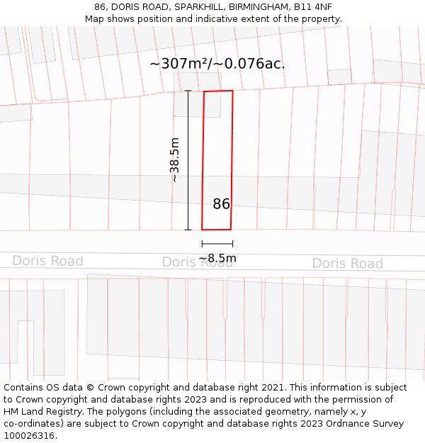 86, DORIS ROAD, SPARKHILL, BIRMINGHAM, B11 4NF: Plot and title map
