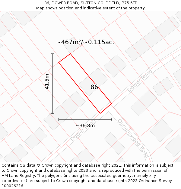 86, DOWER ROAD, SUTTON COLDFIELD, B75 6TP: Plot and title map