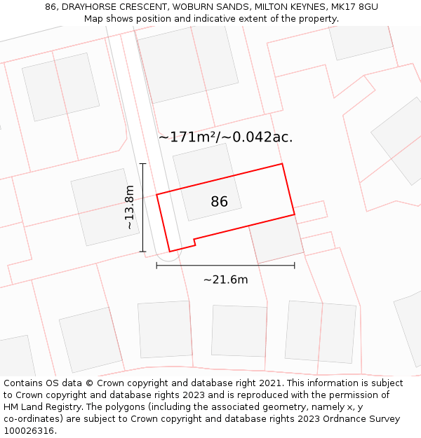 86, DRAYHORSE CRESCENT, WOBURN SANDS, MILTON KEYNES, MK17 8GU: Plot and title map