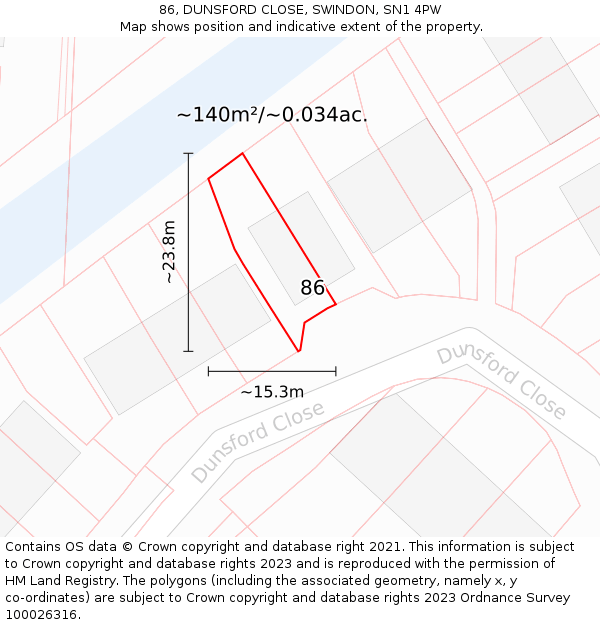 86, DUNSFORD CLOSE, SWINDON, SN1 4PW: Plot and title map