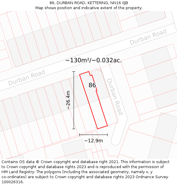 86, DURBAN ROAD, KETTERING, NN16 0JB: Plot and title map