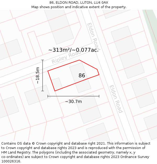 86, ELDON ROAD, LUTON, LU4 0AX: Plot and title map