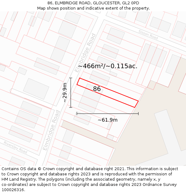 86, ELMBRIDGE ROAD, GLOUCESTER, GL2 0PD: Plot and title map