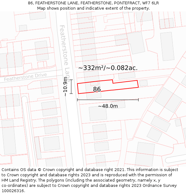 86, FEATHERSTONE LANE, FEATHERSTONE, PONTEFRACT, WF7 6LR: Plot and title map