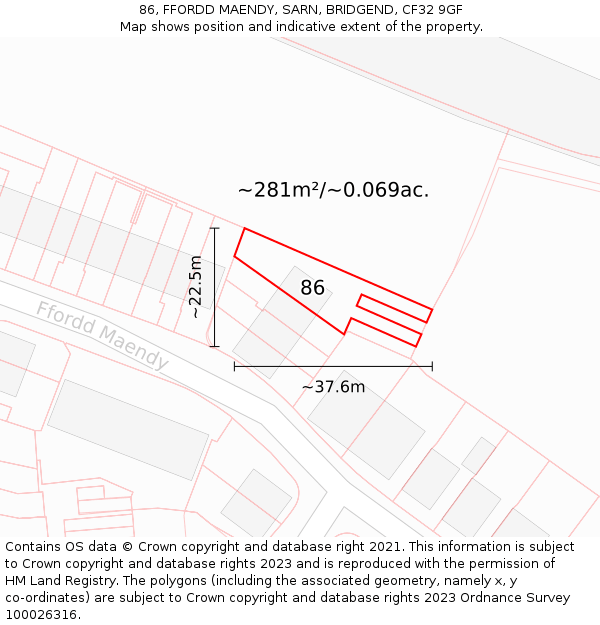 86, FFORDD MAENDY, SARN, BRIDGEND, CF32 9GF: Plot and title map