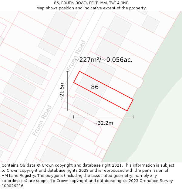 86, FRUEN ROAD, FELTHAM, TW14 9NR: Plot and title map