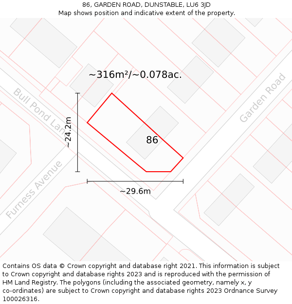 86, GARDEN ROAD, DUNSTABLE, LU6 3JD: Plot and title map