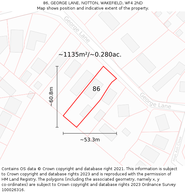 86, GEORGE LANE, NOTTON, WAKEFIELD, WF4 2ND: Plot and title map