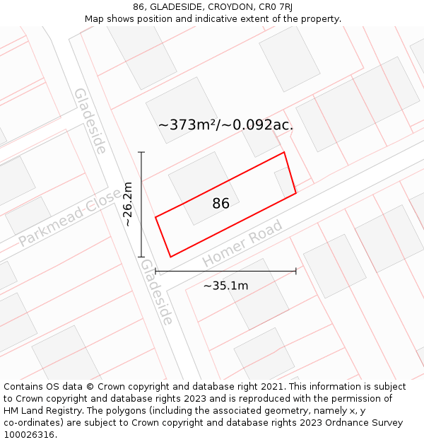 86, GLADESIDE, CROYDON, CR0 7RJ: Plot and title map
