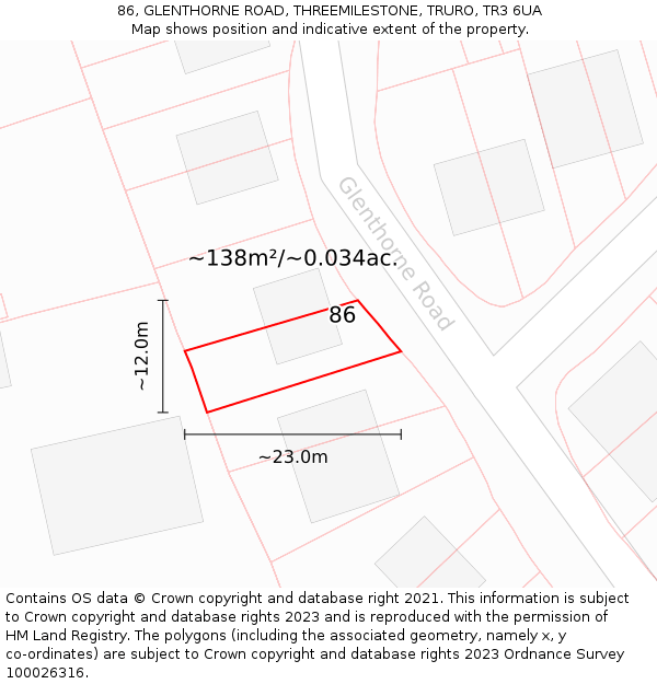 86, GLENTHORNE ROAD, THREEMILESTONE, TRURO, TR3 6UA: Plot and title map