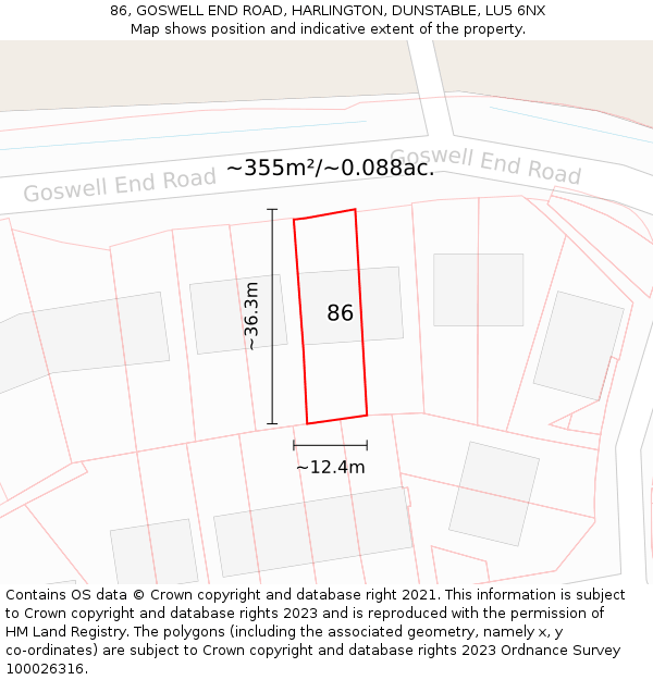 86, GOSWELL END ROAD, HARLINGTON, DUNSTABLE, LU5 6NX: Plot and title map