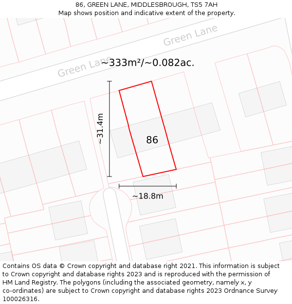 86, GREEN LANE, MIDDLESBROUGH, TS5 7AH: Plot and title map