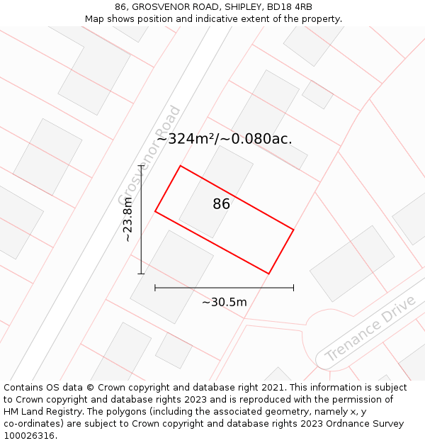 86, GROSVENOR ROAD, SHIPLEY, BD18 4RB: Plot and title map