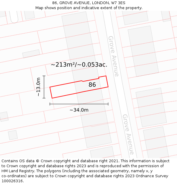 86, GROVE AVENUE, LONDON, W7 3ES: Plot and title map
