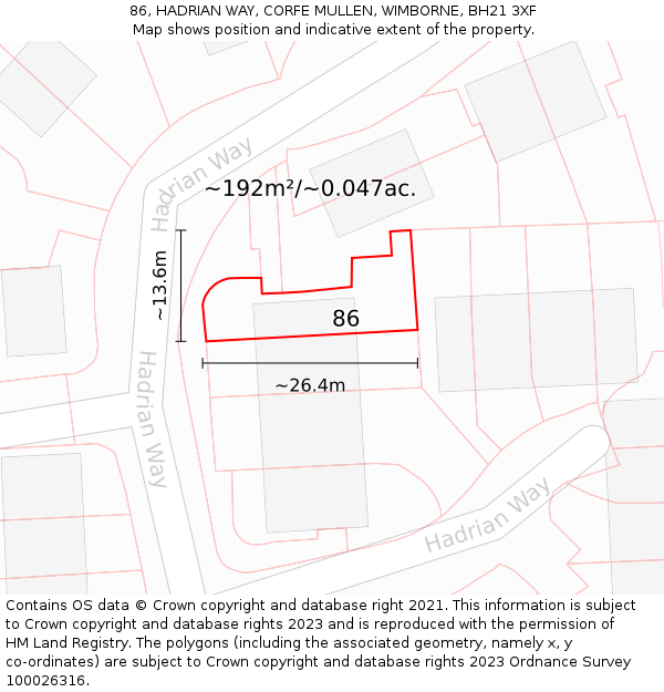 86, HADRIAN WAY, CORFE MULLEN, WIMBORNE, BH21 3XF: Plot and title map