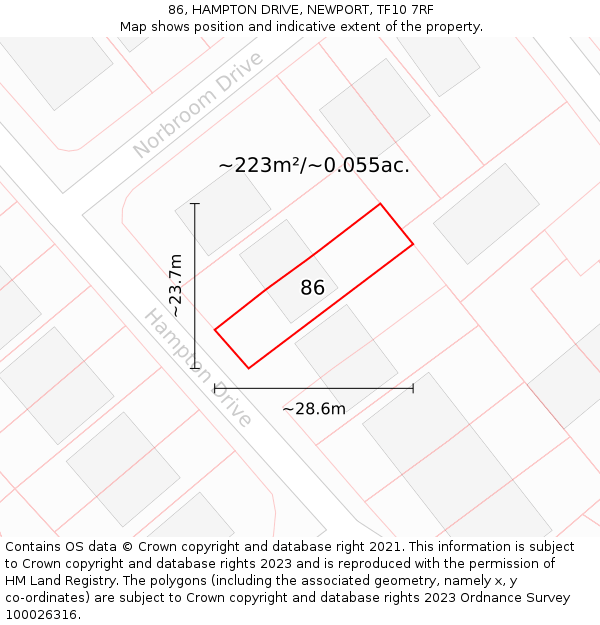 86, HAMPTON DRIVE, NEWPORT, TF10 7RF: Plot and title map
