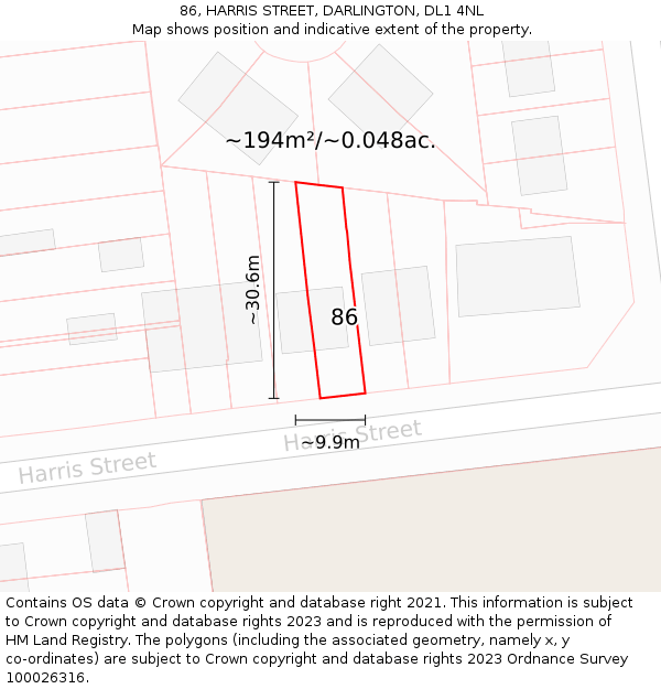 86, HARRIS STREET, DARLINGTON, DL1 4NL: Plot and title map