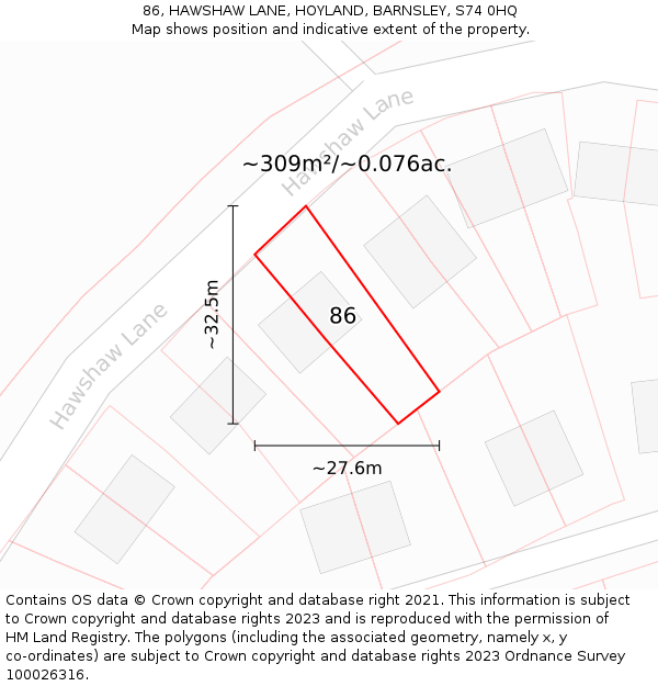 86, HAWSHAW LANE, HOYLAND, BARNSLEY, S74 0HQ: Plot and title map