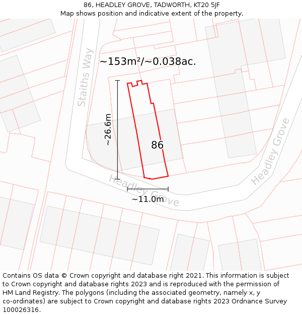 86, HEADLEY GROVE, TADWORTH, KT20 5JF: Plot and title map