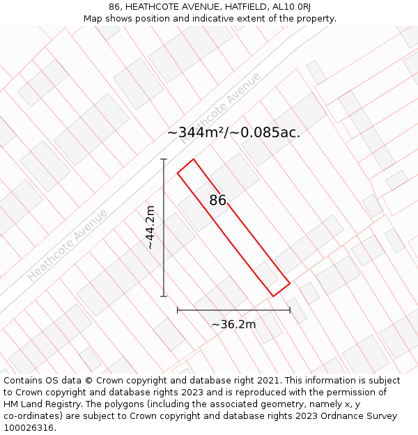 86, HEATHCOTE AVENUE, HATFIELD, AL10 0RJ: Plot and title map
