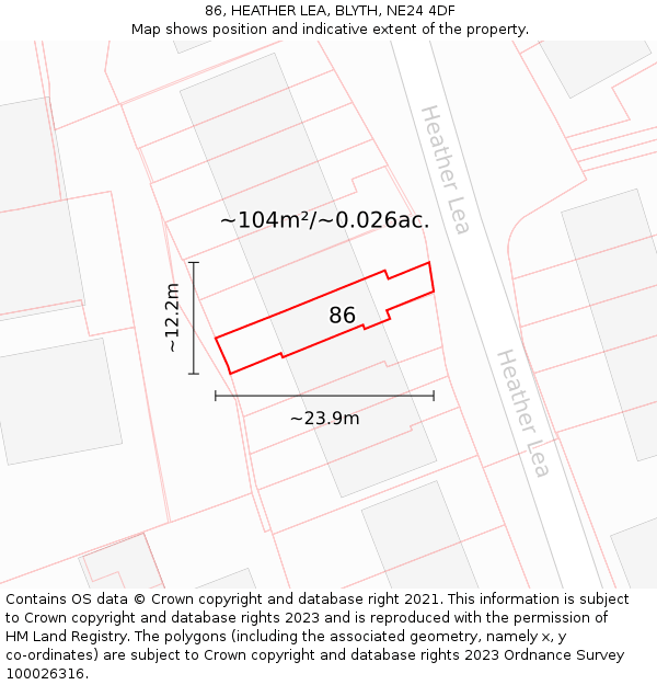 86, HEATHER LEA, BLYTH, NE24 4DF: Plot and title map