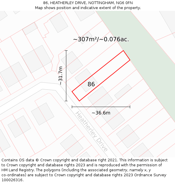 86, HEATHERLEY DRIVE, NOTTINGHAM, NG6 0FN: Plot and title map