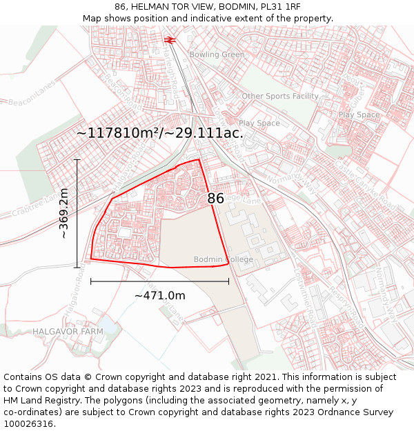 86, HELMAN TOR VIEW, BODMIN, PL31 1RF: Plot and title map