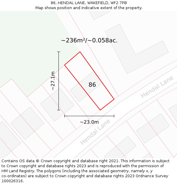 86, HENDAL LANE, WAKEFIELD, WF2 7PB: Plot and title map