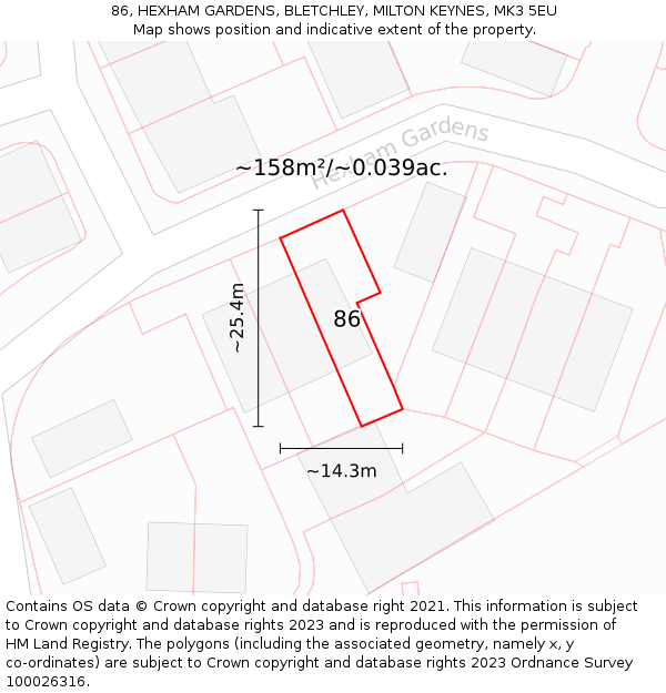 86, HEXHAM GARDENS, BLETCHLEY, MILTON KEYNES, MK3 5EU: Plot and title map
