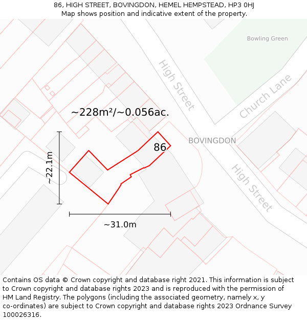 86, HIGH STREET, BOVINGDON, HEMEL HEMPSTEAD, HP3 0HJ: Plot and title map