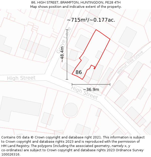 86, HIGH STREET, BRAMPTON, HUNTINGDON, PE28 4TH: Plot and title map
