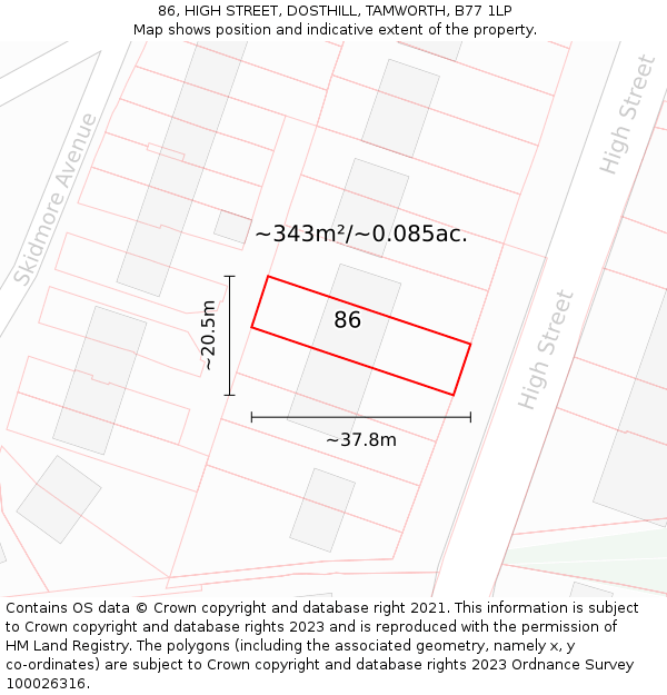 86, HIGH STREET, DOSTHILL, TAMWORTH, B77 1LP: Plot and title map