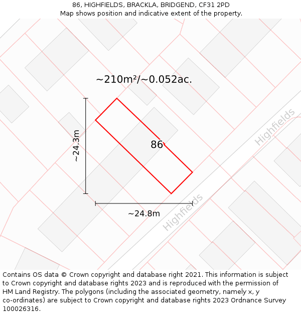 86, HIGHFIELDS, BRACKLA, BRIDGEND, CF31 2PD: Plot and title map