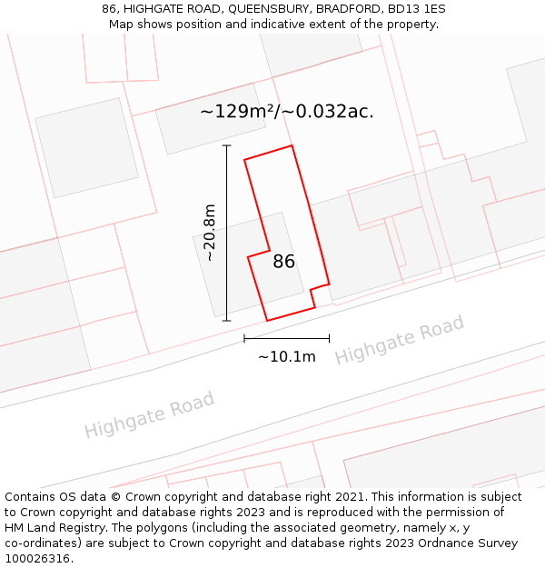 86, HIGHGATE ROAD, QUEENSBURY, BRADFORD, BD13 1ES: Plot and title map