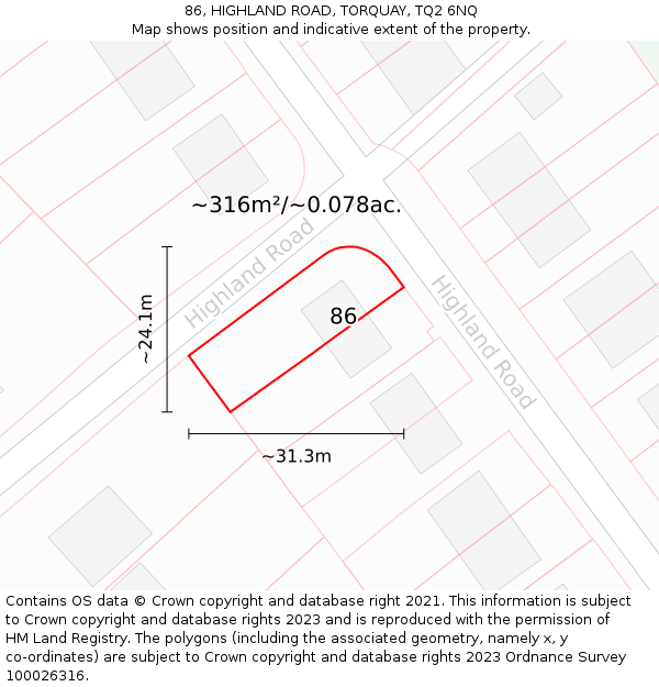 86, HIGHLAND ROAD, TORQUAY, TQ2 6NQ: Plot and title map