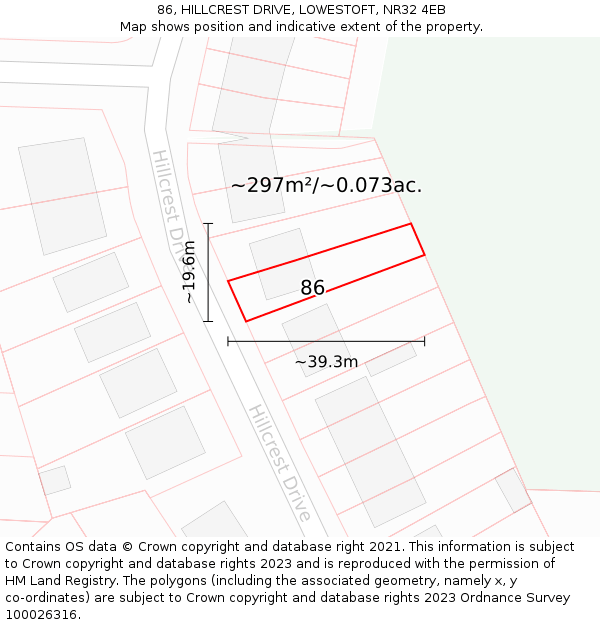 86, HILLCREST DRIVE, LOWESTOFT, NR32 4EB: Plot and title map