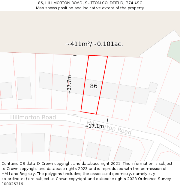86, HILLMORTON ROAD, SUTTON COLDFIELD, B74 4SG: Plot and title map