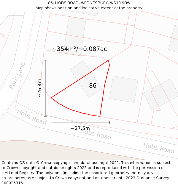 86, HOBS ROAD, WEDNESBURY, WS10 9BW: Plot and title map