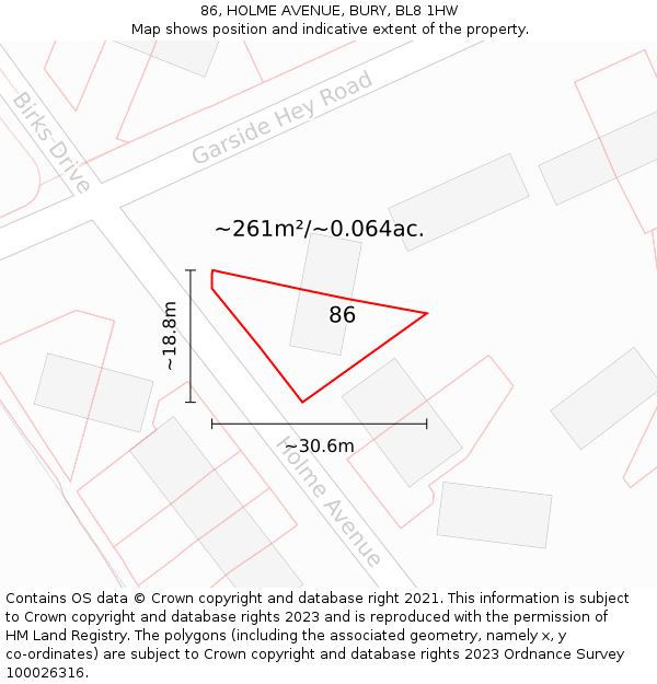 86, HOLME AVENUE, BURY, BL8 1HW: Plot and title map