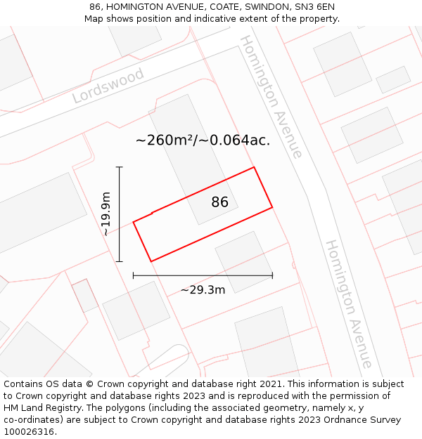 86, HOMINGTON AVENUE, COATE, SWINDON, SN3 6EN: Plot and title map