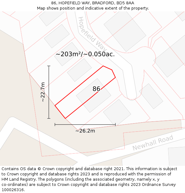 86, HOPEFIELD WAY, BRADFORD, BD5 8AA: Plot and title map