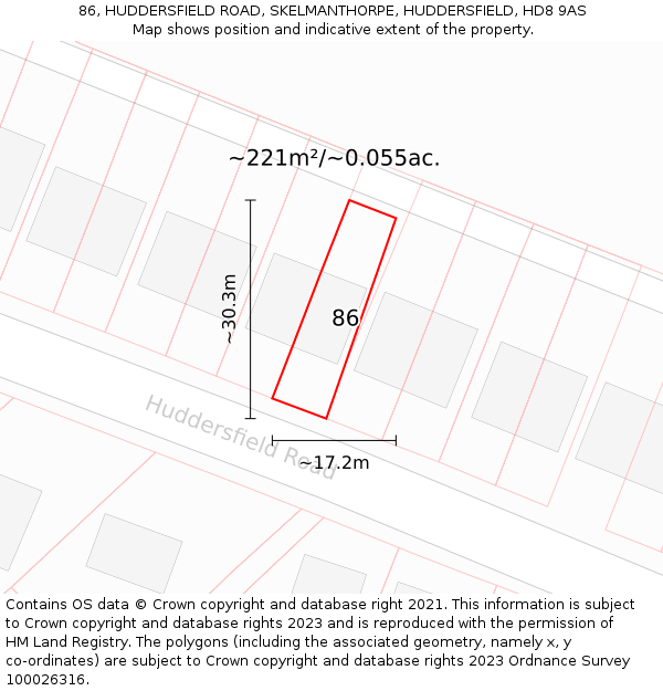 86, HUDDERSFIELD ROAD, SKELMANTHORPE, HUDDERSFIELD, HD8 9AS: Plot and title map