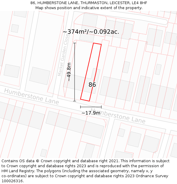 86, HUMBERSTONE LANE, THURMASTON, LEICESTER, LE4 8HF: Plot and title map