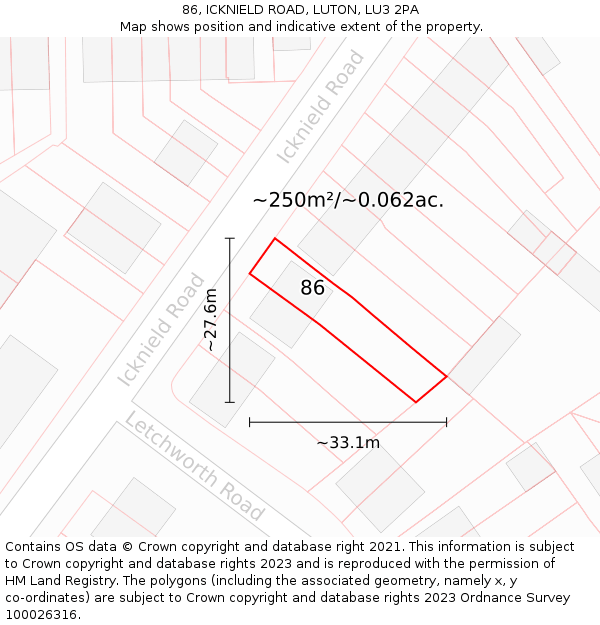 86, ICKNIELD ROAD, LUTON, LU3 2PA: Plot and title map