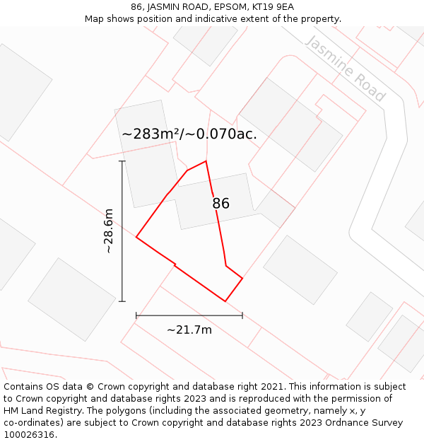 86, JASMIN ROAD, EPSOM, KT19 9EA: Plot and title map