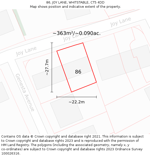 86, JOY LANE, WHITSTABLE, CT5 4DD: Plot and title map