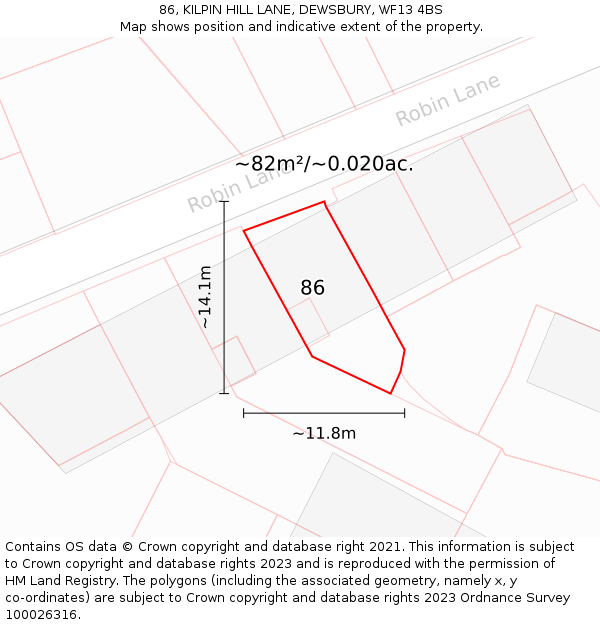 86, KILPIN HILL LANE, DEWSBURY, WF13 4BS: Plot and title map