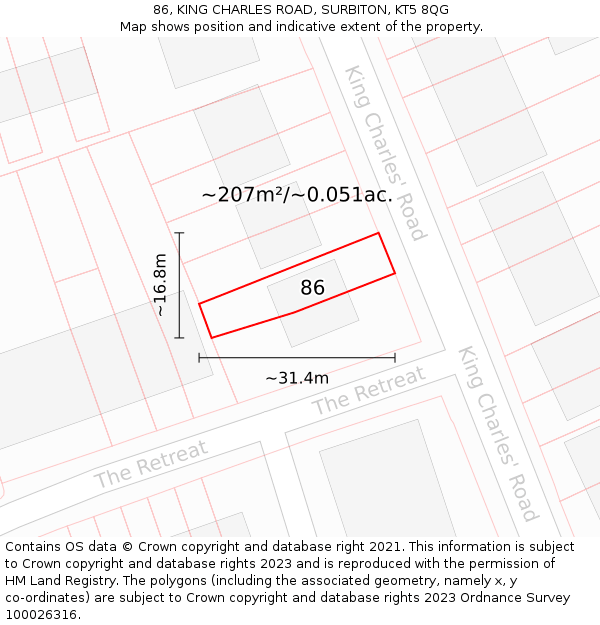 86, KING CHARLES ROAD, SURBITON, KT5 8QG: Plot and title map