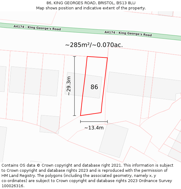 86, KING GEORGES ROAD, BRISTOL, BS13 8LU: Plot and title map