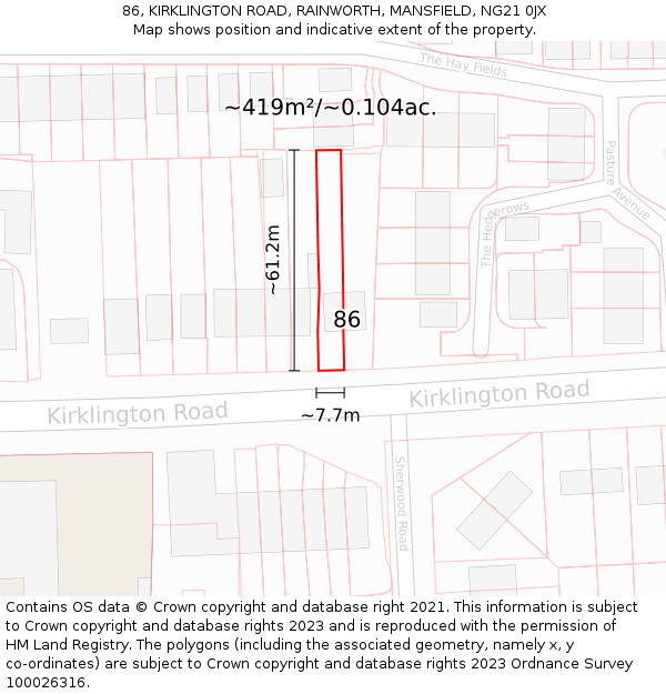 86, KIRKLINGTON ROAD, RAINWORTH, MANSFIELD, NG21 0JX: Plot and title map